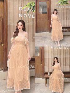 Đầm xoè ren cam dài qua gối 120cm size 45-55kg kèm hình thật