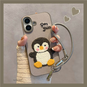 Creative Penguin Embroidery Silicone Phone Case for iPhone 15/16 pro Max Apple 13/14 New Autumn Winter Fluffy Fabric Anti-fall Soft Shell