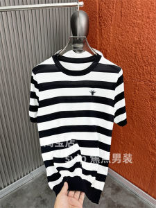 SVIP Luxury Storage Cabinet 6K + Bee Embroider! Summer Fashion round Neck Cool Breathable Knitting Stripes Short Sleeve T-shirt for Men
