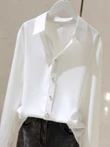 Elegant French V-Neck Drapey White Satin Long Sleeve Shirt
