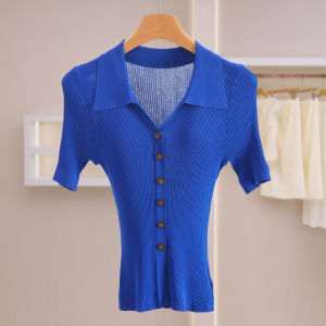 Slimming Decorative Button Short Sleeve Solid Color Knit Top