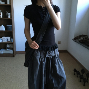 VKSOD | Korean Style Womens Black Lace Short Sleeve T-Shirt Loose High Waist Casual Long Pants Two-Piece Set Summer 2025 Collection