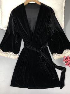 Womens Velvet Robe Lace Casual Home Wear Short Style All Seasons Pure Color Korean Version Bathrobe Outerwear Versatile Sleepwear