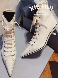Trendy Canvas High Top Sharp Pointed Toe Fashionable Thin Heel Single Shoes Cross Buckle Closure Ultra-Fine Fiber Interior