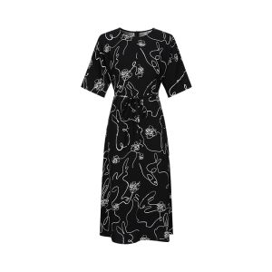 Elegant Commute Style Hand-Drawn Line Print Acetate Waist-Cinching Dress Womens Summer New Arrival A-Line Midi Skirt Dress