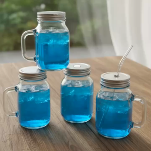 Bộ 4 Ly Quai Thuỷ Tinh Trơn Thân Vuông Đựng Trà Sữa Lớn 650 Ml Kèm Nắp Đậy Kín Hoặc Nắp Có Lỗ Cắm Ống Hút