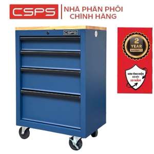 Tủ dụng cụ CSPS 61cm - 04 hộc kéo màu xanh dương mặt ván gỗ kèm bánh xe Fbn 12cm