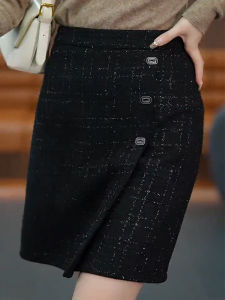 High Waist A-Line Mini Skirt Woolen Plaid Slimming Half Body Spring Autumn New Style Gold Thread Pattern Commute Style Skirt