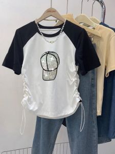 Drawstring T-shirt Contrast Color Raglan Short Sleeve T-Shirt Womens Summer New Arrival Plus Size Chubby Girl Slim Fit Slimming Petite Top