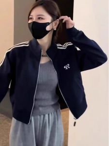 Chic Striped Short Cardigan Sweatshirt Womens Spring Autumn Slim Fit Stand Collar Zipper Jacket Korean Style Commute Wind