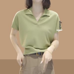 เสื้อยืดคอกว้างแขนสั้นผู้หญิง ทรงหลวม สไตล์เกาหลี ทรงหลวม ทรงปกติ ฤดูร้อน 40-49 ปี ปกติ แขนสั้น คอกว้าง