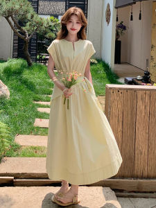 YINLUOYA | Korean Style Slimming Mid-Length Dress Fashionable Belted Summer Skirt High Waist A-Line Simple Elegant Short Sleeve Round Neck