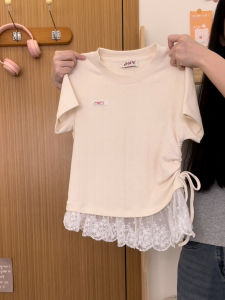 Áo Thun Tay Ngắn Đan Ren Ngắn Cạp Cao Dành Cho Nữ Mùa Xuân 2025 Áo Thun Cotton Co Giãn Thoải Mái Thường Ngày