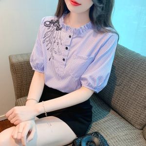 WANGGONGZHU | Elegant Embroidered Chiffon Blouse Womens Summer Fashion Design Sense Small Shirt Beautiful Wood Grain Edge New Style