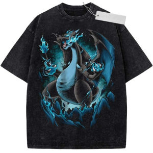 Bandai | Men Women Short Sleeve T Shirt Sports T Shirt Black Pure Cotton Washed Retro Pokemon Mega Charizard X Blue Flames Print