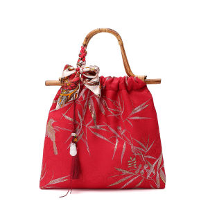 Red New Chinese Style Bride Bag Wicker Weaving Bamboo Node Handbag for Cheongsam Wedding Dress Soft Foldable Shoulderless Bag