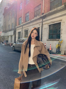 Short Autumn Windbreaker for Petite  Women Khaki
