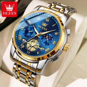 OLEVS Nam Thời Trang Đồng Hồ Thạch Anh Tourbillon Phong Cách Dạ Quang Chronograph Pha Mặt Trăng Đồng Hồ Đeo Tay Bằng Thép Không Gỉ Chống Nước