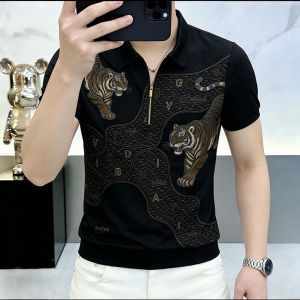 Kawadu | Summer New Fashion Print Rhinestone Slim Fit Half Zip Polo T-Shirt