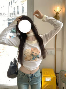 Fall Slim Fit Slim Looking Asymmetrical Cat Printing White T-shirt Tops Womens Pure Desire Style Halterneck Inner Bottoming Shirt