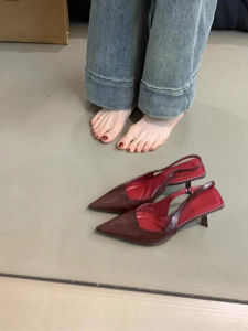 หนังแกะรุ่น ความสง่างามแบบฝรั่งเศส ดีไซน์ รองเท้าแตะเปิดนิ้วเท้าชี้ ผู้หญิง ฤดูใบไม้ผลิ ฤดูร้อน รองเท้าส้นสูงส้นบาง ทันสมัย