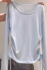 Áo Thun Chống Nắng Tay Dài Thiết Kế Hàn Quốc Cho Nữ Cổ Tròn Cotton Chống Tia UV Dáng Rộng Mùa Hè Màu Trơn