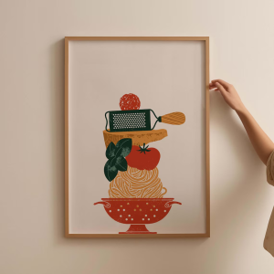 Cozy Pasta Night Wall Art - Playful Graphic Print Celebrating the Joy of Italian Cooking. The Bold Simplified Shapes and Vintag