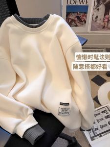 เสื้อสเวตเตอร์คอกลมบุขนแกะหนาสำหรับผู้หญิงไซส์ใหญ่ ดีไซน์สองชิ้นปลอม เสื้อผ้าทำงานสไตล์สาวๆ ฤดูใบไม้ร่วง 2024