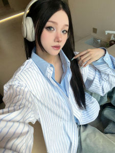 เสื้อเชิ้ตแขนยาวลายทางสีน้ำเงินสไตล์อเมริกันสำหรับผู้ชาย ทรงหลวม ลำลอง ฤดูใบไม้ร่วง แฟชั่น ลำลอง หลากหลายสไตล์