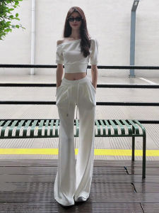 Womens Sporty Hot Girl Summer 2025 Casual High Waist Wide Leg Pants Two-Piece Set Short Sleeve round Neck Top And Bottoms