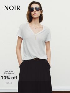 MO&Co. | Linen Texture V-neck Distressed T-shirt