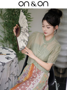 ONON ใหม่สไตล์จีน ปกตั้ง งานเย็บปะติดปะต่อกัน เดรส ผู้หญิง ชุดแฟชั่นแขนสั้นปิดกระดุมเลนซิง โมดัลผ้า