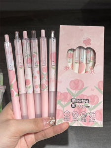 Pink Tulip St Pen Click Type Carbon Neutral Pen for Students High Aesthetic Value Question Brushing Black Pen for Girls