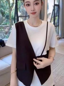 Fashionable Color Block Short Sleeve Shirt Women