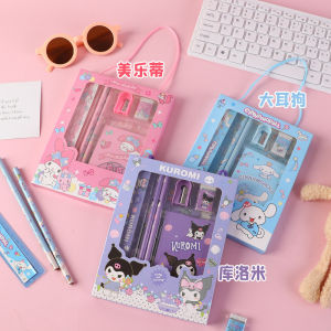 LVYIMAO ชุดเครื่องเขียนสำหรับเด็ก Sanrio Series (ดินสอ 3 ชิ้น ไม้บรรทัด 1 ชิ้น ยางลบ 1 ชิ้น เครื่องเหลาดินสอ 1 ชิ้น) ดินสอไม้นักเรียนเครื่องเขียนของขวัญสำหรับเด็ก