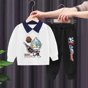 Boys Polo Neck Sweatshirt Set Ultraman Print Casual Wear Spring Autumn Two-Piece Trendy Outfit Polyester Cotton Blend