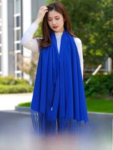 Turquoise Blue Thick Wide Long Scarf for Women Winter Versatile Klein Blue Shawl Year Conference Logo Printed Korean Style Tassel Edge Faux Cashmere Scarf