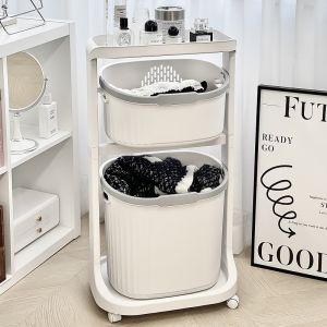 Bathroom Laundry Cart Storage Rack Toilet Dirty Clothes Basket Plastic No-Drill Installation Versatile Organizer Shelf