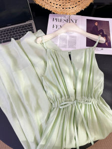 PAIBOLI | Summer Womens Hepburn Style Sleeveless Green Long Dress Fresh Yellow Crocus A-Line Skirt Short Sleeve Mid-Length Dress