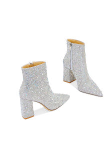 Silver Rhinestone Short Boots Womens Fashion High Heels Pointed Toe Thick Heel Autumn Winter Leather Boots Trendy Shoes