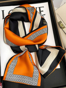 Vintage Orange Letter Silk Scarf for Women with 13cm Width 145cm Length Polyester Fiber K-style Rectangle Shape for Spring Summer Winter