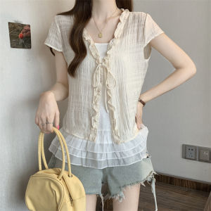 Bộ Áo Blouse V-Neck Voan Xếp Ly và Vest Phong Cách Pháp