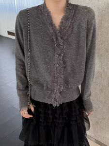 QINGNAER | Large Size French Style Romantic Gray Lace Fringe V-Neck Knitted Cardigan