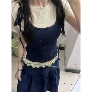 Áo Thun Nữ Dáng Ôm Mùa Hè Tay Ngắn Viền Ren Xếp Nếp Thiết Kế Dây Đeo Hai Mảnh Giả Thời Trang Thường Ngày