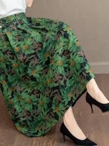 Fashionable Cotton Linen High Waist Midi Skirt Slim Fit Elastic Long Dress Floral Print Womens Skirt Commute Style Daily Wear