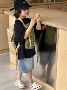 Girls Short Sleeve T-Shirt Loose Pure Cotton Cartoon Printed Children Summer Top Casual Style round Neck Cotton Blend Fabric