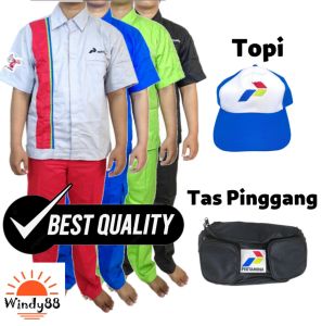 Seragam SPBU Pasti Prima Pertamina 1 set Setelan Baju Celana Topi dan Tas Pakaian Hijau biru Hitam Abu OperatorPengawas Teknisi Office Boy Lengan Pendek