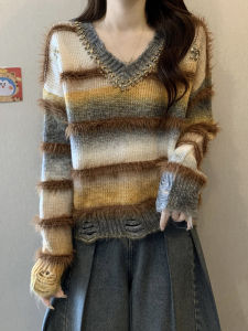 Trendy French Elegant Gradient Diamond Studded V-Neck Sweater
