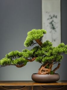 Artificial Greeting Pine New Chinese Bonsai Root Carving Art Office Decoration Green Plant Living Room Decoration Hallway Mini Fake Trees