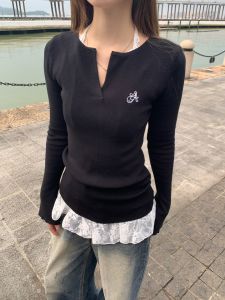 Sweet And Spicy Style Slim Fit Long Sleeve V-Neck Lace Halter Crop Top Tank Top Studioo Enxi Polyester Fiber Commute Wear